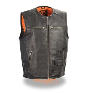 Mens-Black-Leather-Vest-with-Side-Stretch-Flex-and-Gun-Pockets