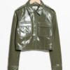 Shiny Olive Green Cropped Leather Jacket