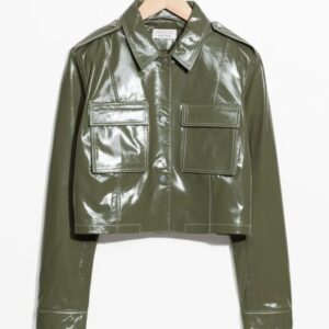 Shiny Olive Green Cropped Leather Jacket