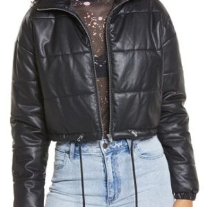 Faux Leather Cropped Puffer Jacket