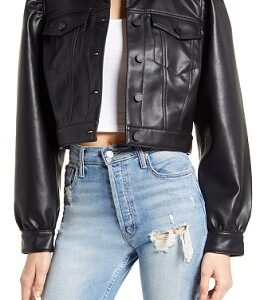 Puff Sleeve Faux Leather Cropped Jacket