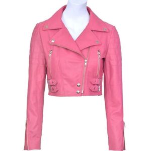 Women Pink Leather Crop Jacket