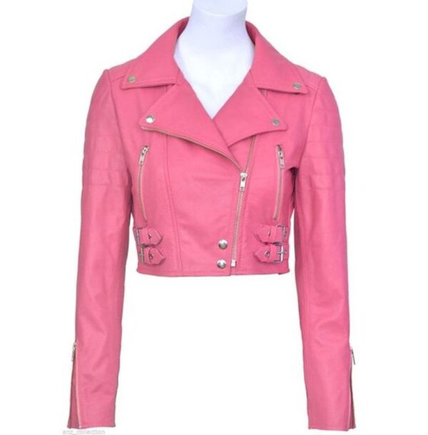 Women Pink Leather Crop Jacket