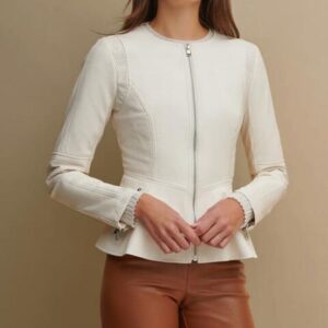 Peplum Faux White Leather Jacket