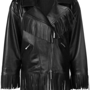 Asymmetrical Black Leather Fringes Jacket
