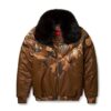 Brown Camo Fur Collar Leather Bomber Jacket