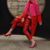 Color Block Red and Pink Shearling Long Coat