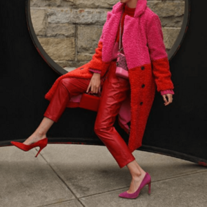 Color Block Red and Pink Shearling Long Coat