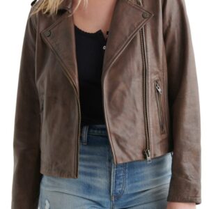 Cropped Brown Leather Moto Jacket