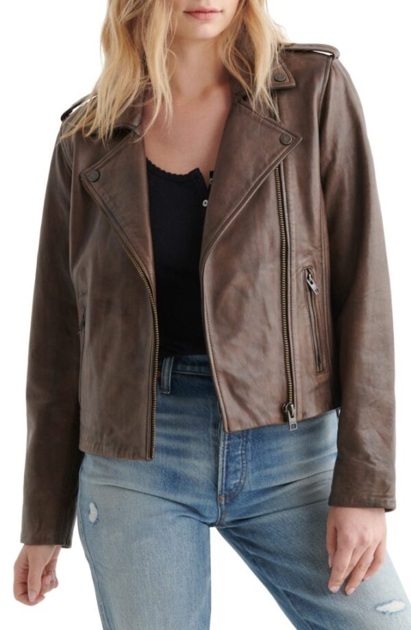 Cropped Brown Leather Moto Jacket
