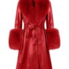 Faux Fur and Leather Red Belted Coat
