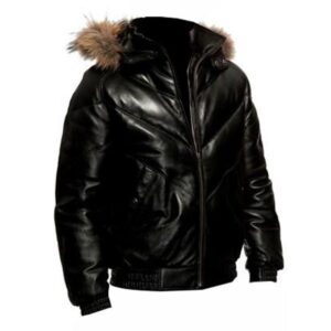 Faux Leather V Bomber Hooded Jacket