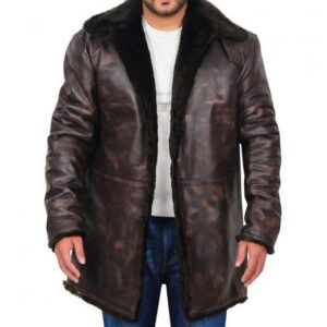 Men Distressed Brown Fur Collar Jacket