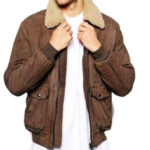 Brown Leather Sherpa Fur Collar Bomber Jacket