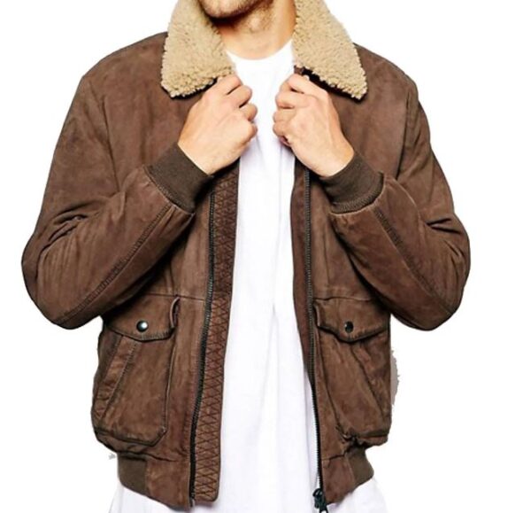 Brown Leather Sherpa Fur Collar Bomber Jacket