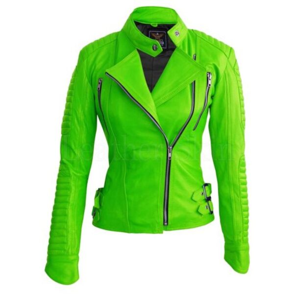 Parrot Green Brando Padded Shoulder Leather Biker Jacket