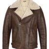 Shearling Collar Brown Leather Biker Jacket