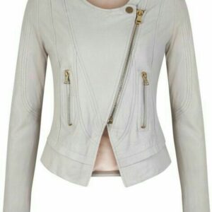 Women Asymmetrical Zipper White Biker Leather Jacket