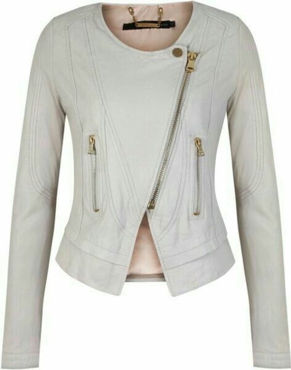 Women Asymmetrical Zipper White Biker Leather Jacket