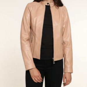 Women Biker Beige Leather Jacket