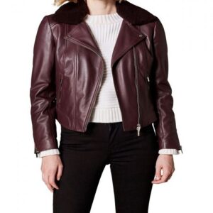 Women Burgundy Fur Collar Leather Jacket