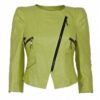 Women Round Neck Light Green Biker Leather Jacket
