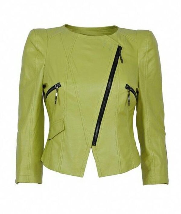 Women Round Neck Light Green Biker Leather Jacket