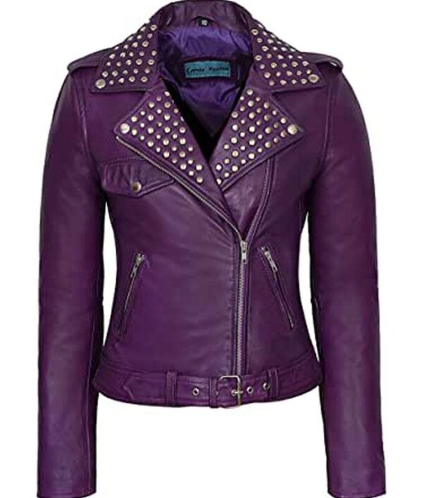 Women’s Purple Studded Biker Leather Jacket