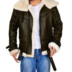 Men B3 Bomber Dark Green Shearling Leather Jacket